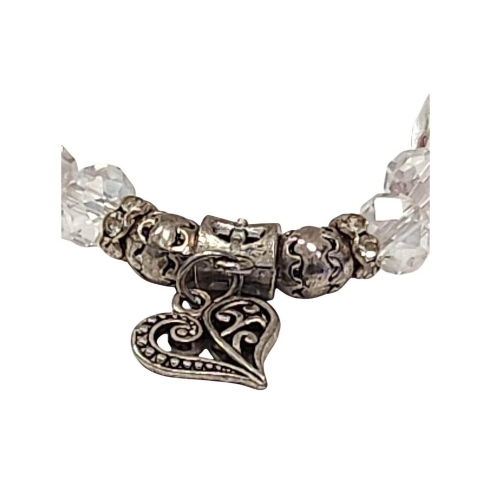 Vintage Style Floral Glass Rose Heart Charm Stretch Bracelet Silver Tone Pink - Picture 4 of 4